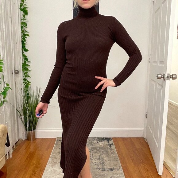 A.L.C Turtleneck Rib Knit Midi Sweater Dress Long Sleeve Size XS Brown - Picture 1 of 10